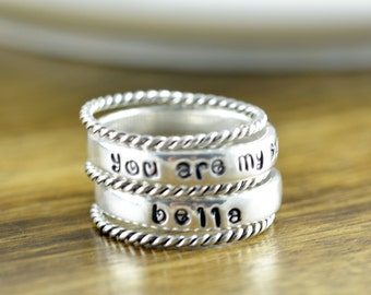 Bague en argent sterling, Tu es mon soleil, Bague estampillée à la main, Bague Mère - Bagues de nom empilable - Bagues de nom - Vous êtes Mes Bijoux De Soleil