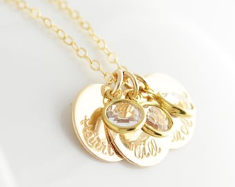 Gold name necklace, birthstone necklace, Personalized Hand Stamped necklace, mommy necklace