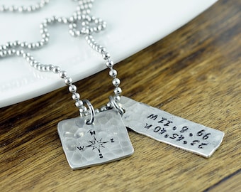 Men's Coordinates Necklace, Latitude Longitude Necklace, Personalized Hand Stamped Jewelry, Coordinates Jewelry, Coordinate Necklace