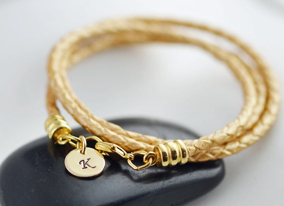 Items similar to Personalized gold leather cord wrap bracelet with 14k gold initial disc, womens ...