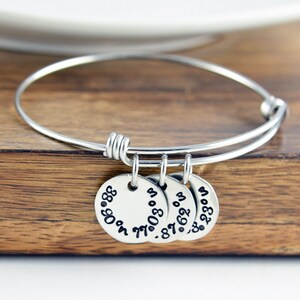 Puede incluir: Un brazalete de plata con cuatro dijes de plata. Cada dije tiene un conjunto diferente de coordenadas grabadas. Las coordenadas son: 90.088° N, 77.038° O, 87.692° O y 38.233° N.
