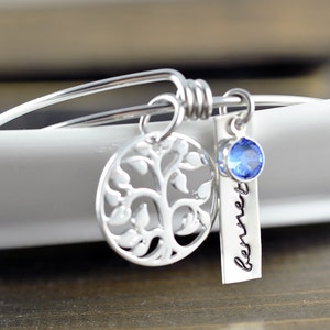 Silver Family Tree Bangle Bracelet, Tree of Life Bracelet, Family Tree Jewelry, Grandmother Gift, Gifts for Mom, Mom Gift, Name Bracelet