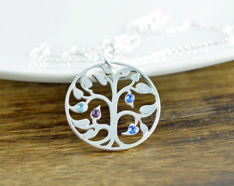 Silver Family Tree Necklace - Mother's Necklace - Birthstone Necklace - Birthstone Jewelry - Grandmother Necklace - Mothers Day Gift