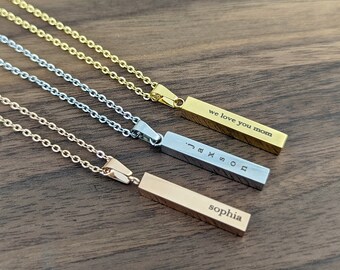 Bar Necklace, 4 sided Bar Necklace, Personalized Bar Necklace, Mothers Necklace, Engraved Necklace, Gift for Mother, Mothers Day Jewelry