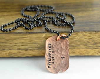 Personalized Mens Copper Dog Tag Necklace - Hand Stamped Personalized Necklace - Mens Copper Jewelry - Bible Verse Necklace - Gift For Men
