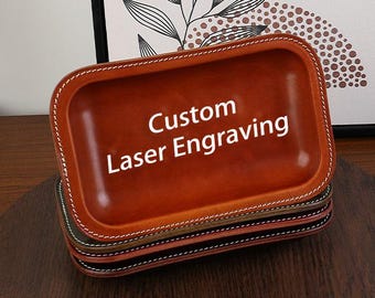 Personalized Leather Valet Tray, Vintage Cowhide Catchall Tray, Engraved Desk Organizer for Keys Jewelry Watch, Gift for Him