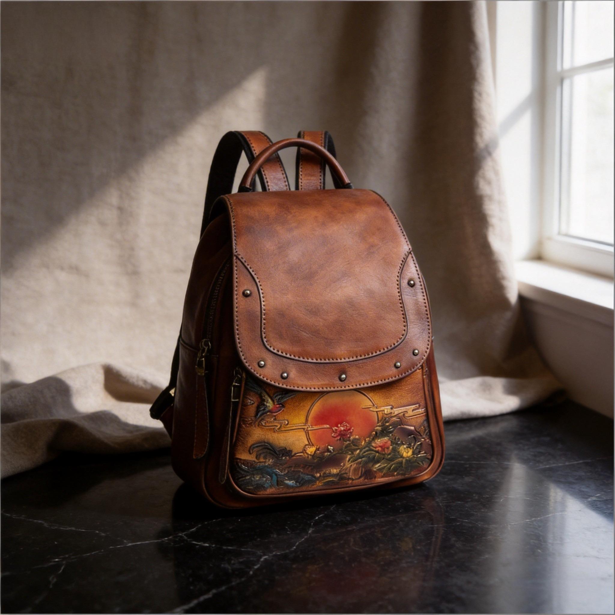 Brown Leather Backpack and Floral Notebook Ana Backpack – Floral Embroidered Bag in Brown or Black  main image 3
