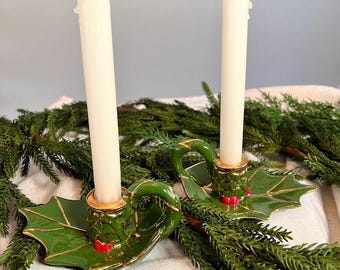 Ceramic Holly Leaf Taper Candle Holders Pair, Hand Painted Green and Gold Christmas Candlesticks