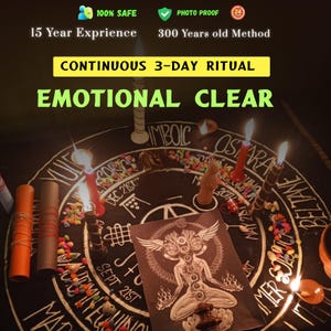 Puede incluir: Una escena ritual con velas, una ilustración central y el texto "EMOTIONAL CLEAR". La imagen también incluye el texto "100% SAFE", "PHOTO PROOF" y "CONTINUOUS 3-DAY RITUAL". La escena está iluminada por la luz de las velas, con piedras de colores y otros objetos rituales.