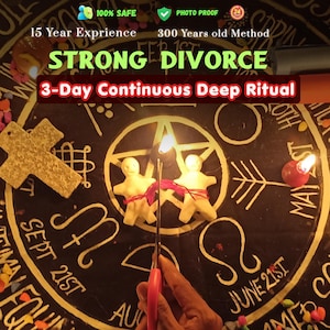 May include: A black circular cloth featuring gold zodiac symbols and a central pentagram. Two small white clay figures are tied together with red string, being cut by scissors. Text reads: 100% SAFE, PHOTO PROOF, 15 Year Exprience, 300 Years old Method, STRONG DIVORCE, 3-Day Continuous Deep Ritual.
