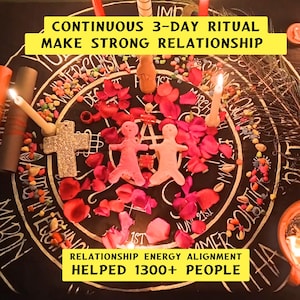 May include: A black circular cloth featuring white text and symbols, adorned with two pink humanoid figures, red rose petals, small colourful stones, a textured cross, and lit candles. Text reads: CONTINUOUS 3-DAY RITUAL MAKE STRONG RELATIONSHIP and RELATIONSHIP ENERGY ALIGNMENT HELPED 1300+ PEOPLE.