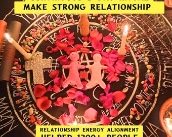 May include: A black circular cloth featuring white text and symbols, adorned with two pink humanoid figures, red rose petals, small colourful stones, a textured cross, and lit candles. Text reads: CONTINUOUS 3-DAY RITUAL MAKE STRONG RELATIONSHIP and RELATIONSHIP ENERGY ALIGNMENT HELPED 1300+ PEOPLE.