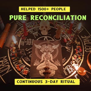May include: A black circular cloth featuring white text and symbols, with a central illustration of a winged figure in a meditative pose. The setup includes a skull, lit candles, small colourful stones, and scrolls. Text reads: HELPED 1500+ PEOPLE, PURE RECONCILIATION, CONTINUOUS 3-DAY RITUAL.