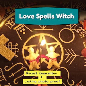May include: Two white clay figures bound together with red string, positioned on a black circular board featuring gold astrological symbols and a central pentagram. A small candle flame burns between the figures. Text reads Love Spells Witch, Recast Guarantee + casting photo proof.