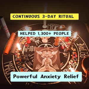 May include: A circular black altar cloth with white text and symbols, featuring a central illustration of a figure with wings. The cloth is surrounded by lit candles, small colorful stones, scrolls, and a skull, with text reading CONTINUOUS 3-DAY RITUAL, HELPED 1,300+ PEOPLE, and Powerful Anxiety Relief.