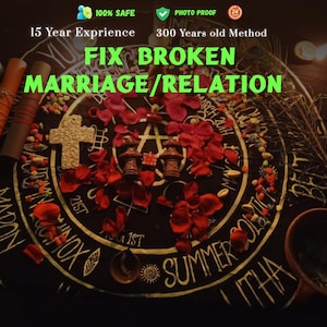 May include: A dark, circular table with the text "FIX BROKEN MARRIAGE/RELATION" in green. The table is decorated with red rose petals, a cross, and two small decorative lanterns. The text "100% SAFE" and "PHOTO PROOF" are also visible.