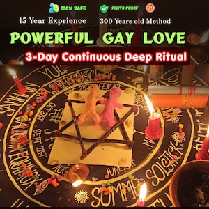 May include: An image of a ritual setup with candles, a star-shaped structure, and two small figures. The text reads "POWERFUL GAY LOVE" and "3-Day Continuous Deep Ritual". The scene is illuminated by candlelight.