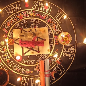 K&ouml;nnte beinhalten: Ein Ritualaltar auf schwarzem Tuch, mit einem zentralen wei&szlig;en Quadrat, das ein rot umwickeltes Objekt enth&auml;lt. Ein Kreis mit Text und Kerzen umgibt das Quadrat. Zus&auml;tzliche Kerzen, eine Schale und gerollte Gegenst&auml;nde sind ebenfalls vorhanden. Die Szene wird von Kerzenlicht beleuchtet.
