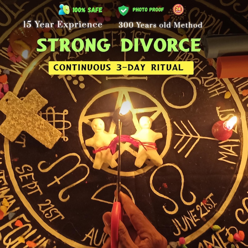 May include: A black circular mat with gold zodiac symbols and text featuring two white clay figures tied together with red string, being cut by red-handled scissors. Text includes 100% SAFE, PHOTO PROOF, 15 Year Experience, 300 Years old Method, STRONG DIVORCE, and CONTINUOUS 3-DAY RITUAL.