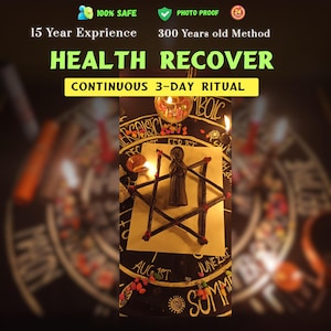 May include: An image with text that reads "HEALTH RECOVER CONTINUOUS 3-DAY RITUAL". The image shows a ritual setup with a central figure, candles, and a star-shaped arrangement. The background is dark with additional text.