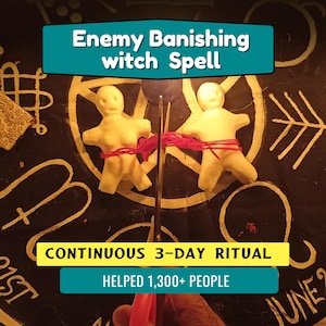 May include: Two off-white clay figures connected by red thread, positioned on a black cloth with gold symbols. A pair of scissors is cutting the thread between the figures. Text reads: Enemy Banishing witch Spell, CONTINUOUS 3-DAY RITUAL, HELPED 1,300+ PEOPLE.