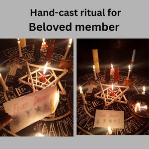 Puede incluir: Un conjunto ritual con un pa&ntilde;o circular negro con texto blanco, un pentagrama de madera y varias velas blancas encendidas. Un papel con el texto escrito a mano 'Fran Davan' y s&iacute;mbolos es sostenido y quemado por la llama de una vela.