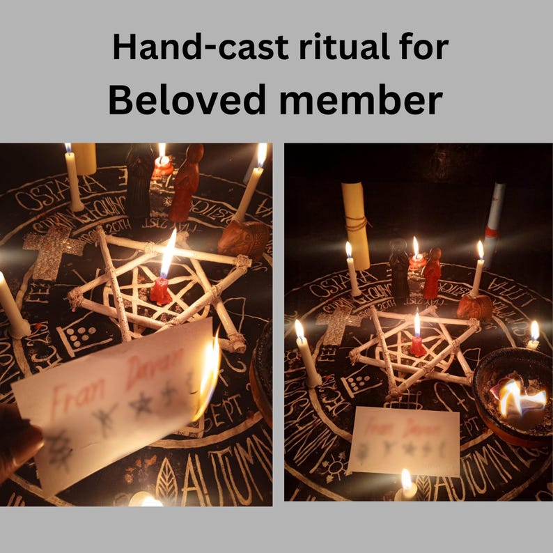 Puede incluir: Un conjunto ritual con un pa&ntilde;o circular negro con texto blanco, un pentagrama de madera y varias velas blancas encendidas. Un papel con el texto escrito a mano 'Fran Davan' y s&iacute;mbolos es sostenido y quemado por la llama de una vela.