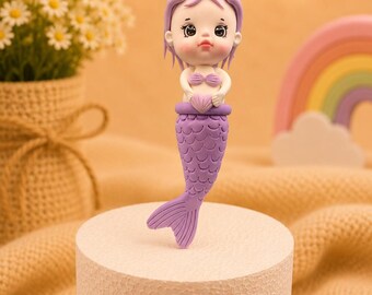 Adorno para pastel de sirena hecho a mano, 17 cm, arcilla morada, decoración de cumpleaños.