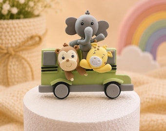 Adorno para pastel de animales de safari, decoración de cumpleaños de jeep de la jungla hecha a mano con arcilla