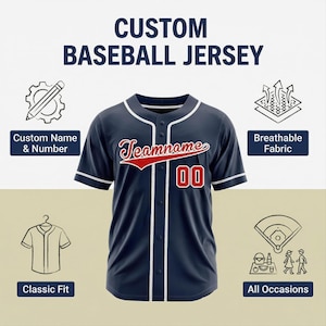 May include: Navy blue baseball jersey with white trim and red accents. The jersey features the text "Teamname" in red script and the number "00". The image also includes text that says "Custom Baseball Jersey".