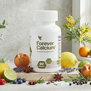 Op de afbeelding: Een witte fles "Forever Calcium" voedingssupplement met een etiket met een logo en tekst. De fles is omringd door vers fruit, waaronder citroenen, perziken en bessen. Het etiket geeft 90 tabletten aan.