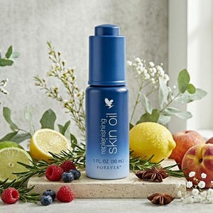 May include: A blue bottle of replenishing skin oil with the text "replenishing skin oil" and "1 fl. oz. (30 ml)". The bottle is surrounded by lemons, peaches, berries, and greenery. The background is a light grey.