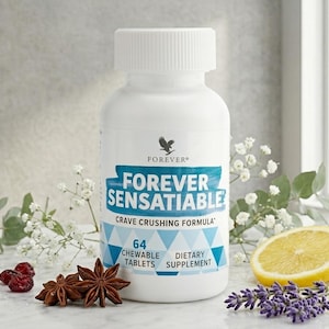 May include: A white bottle of "FOREVER SENSATIABLE" dietary supplement with a blue and white label. The bottle is surrounded by decorative elements including star anise, cranberries, lemon slices, and lavender sprigs. The bottle contains 64 chewable tablets.