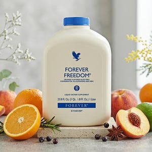 Puede incluir: Una botella blanca de suplemento dietético líquido "FOREVER FREEDOM" con tapa azul, rodeada de fruta fresca como naranjas, melocotones y limas. La botella contiene 1 litro.
