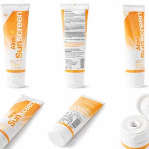 Op de afbeelding: Witte tube Aloe Sunscreen met oranje accenten. De tube toont de woorden "Aloe Sunscreen" in oranje en wit. Het product is SPF 30 en bevat 118 ml. De tube heeft een witte dop.
