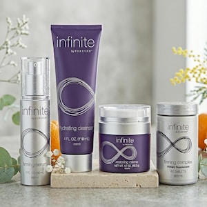 K&ouml;nnte beinhalten: Eine Auswahl an Hautpflegeprodukten, darunter ein Serum, ein Reiniger, eine Creme und ein Nahrungserg&auml;nzungsmittel. Die Produkte sind in silber- und lilafarbenen Verpackungen mit dem Wort "infinite" und einem stilisierten Unendlichkeitszeichen gehalten. Das Bild enth&auml;lt auch Orangen und Blumengestecke.