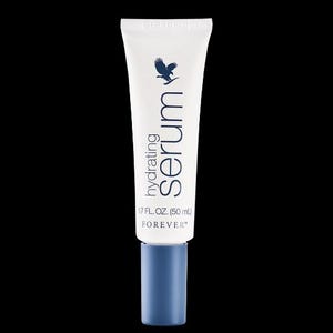 May include: White tube of hydrating serum with a blue cap. The tube has the word "serum" in a vertical font, and the words "hydrating" above it. The tube also has a logo of a bird and the text "1.7 FL. OZ. (50 ml)".