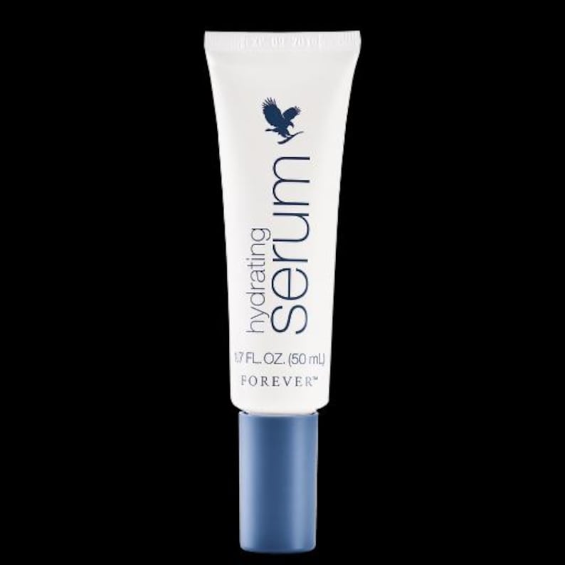 May include: White tube of hydrating serum with a blue cap. The tube has the word "serum" in a vertical font, and the words "hydrating" above it. The tube also has a logo of a bird and the text "1.7 FL. OZ. (50 ml)".