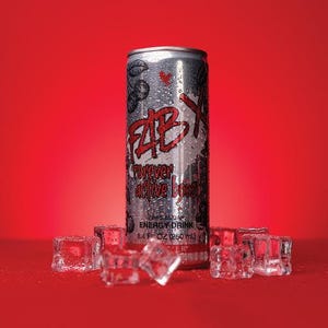 May include: A silver energy drink can with the text "FAB X forever active boost" in red, surrounded by ice cubes on a red background. The can is 250 ml.