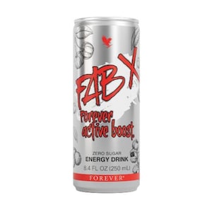 May include: A silver energy drink can with red and white text and graphics. The can features the words "FAB X" and "Forever active boost." It also states "Zero Sugar Energy Drink" and "250 mL." The brand name "FOREVER" is at the bottom.
