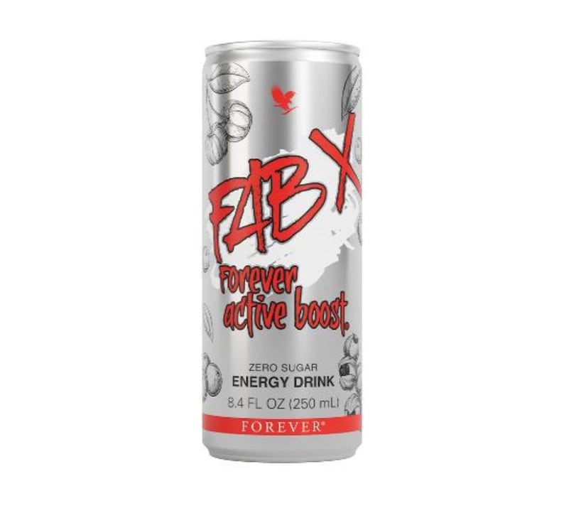 May include: A silver energy drink can with red and white text and graphics. The can features the words "FAB X" and "Forever active boost." It also states "Zero Sugar Energy Drink" and "250 mL." The brand name "FOREVER" is at the bottom.