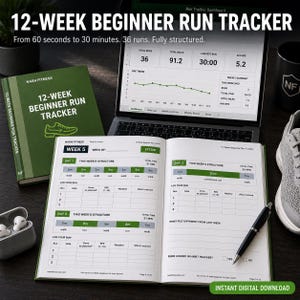 May include: A green 12-week beginner run tracker book and open journal with run tracking details. A laptop displays a run tracker dashboard. A pair of wireless earbuds and a running shoe are also visible.