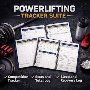 May include: A powerlifting tracker suite with the text "POWERLIFTING TRACKER SUITE". The image shows open notebooks with competition and recovery logs, a dumbbell, a water bottle, and red athletic shoes. The suite includes a competition tracker, stats and total log, and sleep and recovery log.