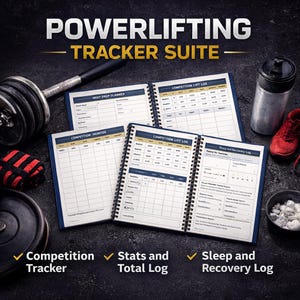May include: A powerlifting tracker suite with the text "POWERLIFTING TRACKER SUITE". The image shows open notebooks with competition and recovery logs, a dumbbell, a water bottle, and red athletic shoes. The suite includes a competition tracker, stats and total log, and sleep and recovery log.