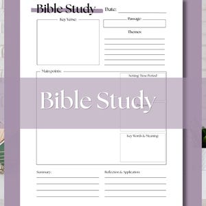 May include: A white Bible study template with a lilac border. The worksheet features sections for key verses, passages, themes, main points, and reflections. The title "Bible Study" is clearly visible.