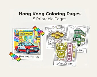 Hong Kong Coloring Pages, Vintage Style Tram, Taxi, Dim Sum (5 Printable Pages)