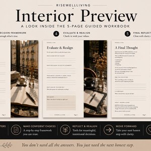 May include: A five-page guided workbook titled Interior Preview by RISEWELLLIVING. The pages feature sections titled The Decision Framework, Evaluate & Realign, and A Final Thought, with printed text, lines for writing, and images of a cafe table.