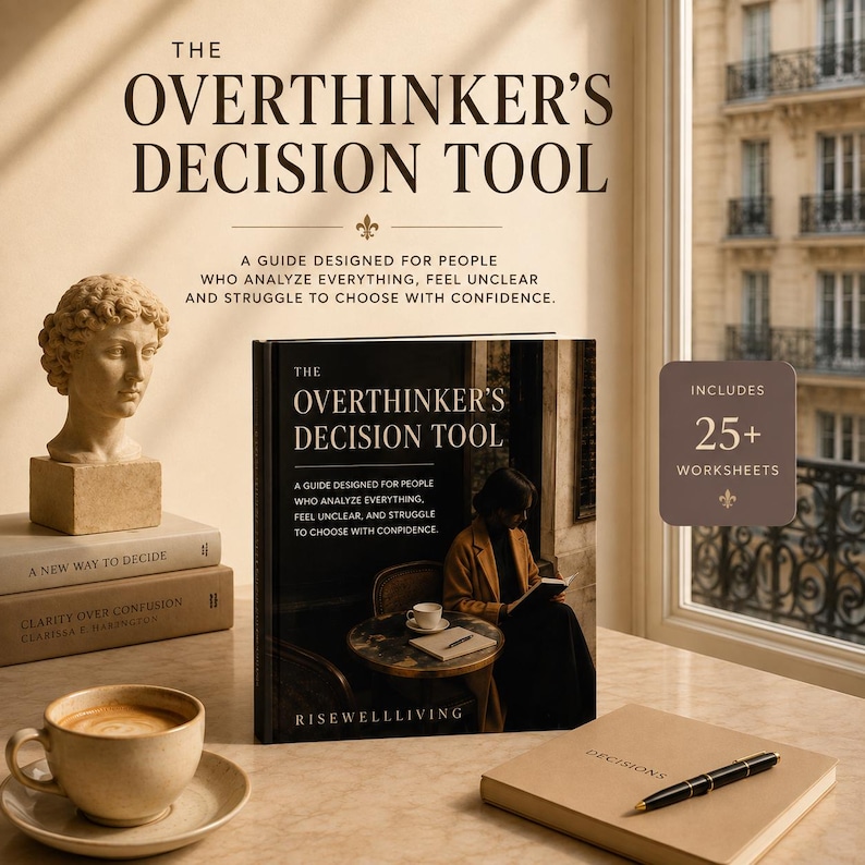 May include: A book titled The Overthinker's Decision Tool with a cover showing a person at a table. The set includes a beige notebook with a black pen, a ceramic coffee cup, and two stacked books titled A New Way to Decide and Clarity Over Confusion.