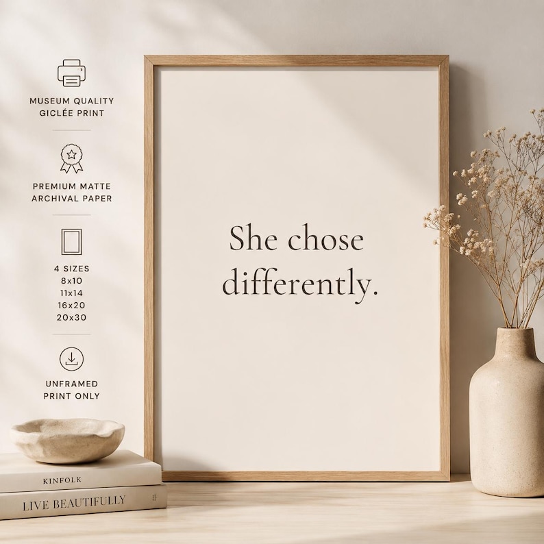 She Chose Differently Print | Intentional Living Wall Art for Women | Paris Inspired Typography | Minimalist Home Decor afbeelding 1