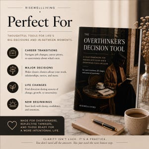 May include: A book titled The Overthinker's Decision Tool with a black cover featuring a person reading at a table. The text includes headings for career transitions, major decisions, life changes, and new beginnings, plus a pen and notebook.